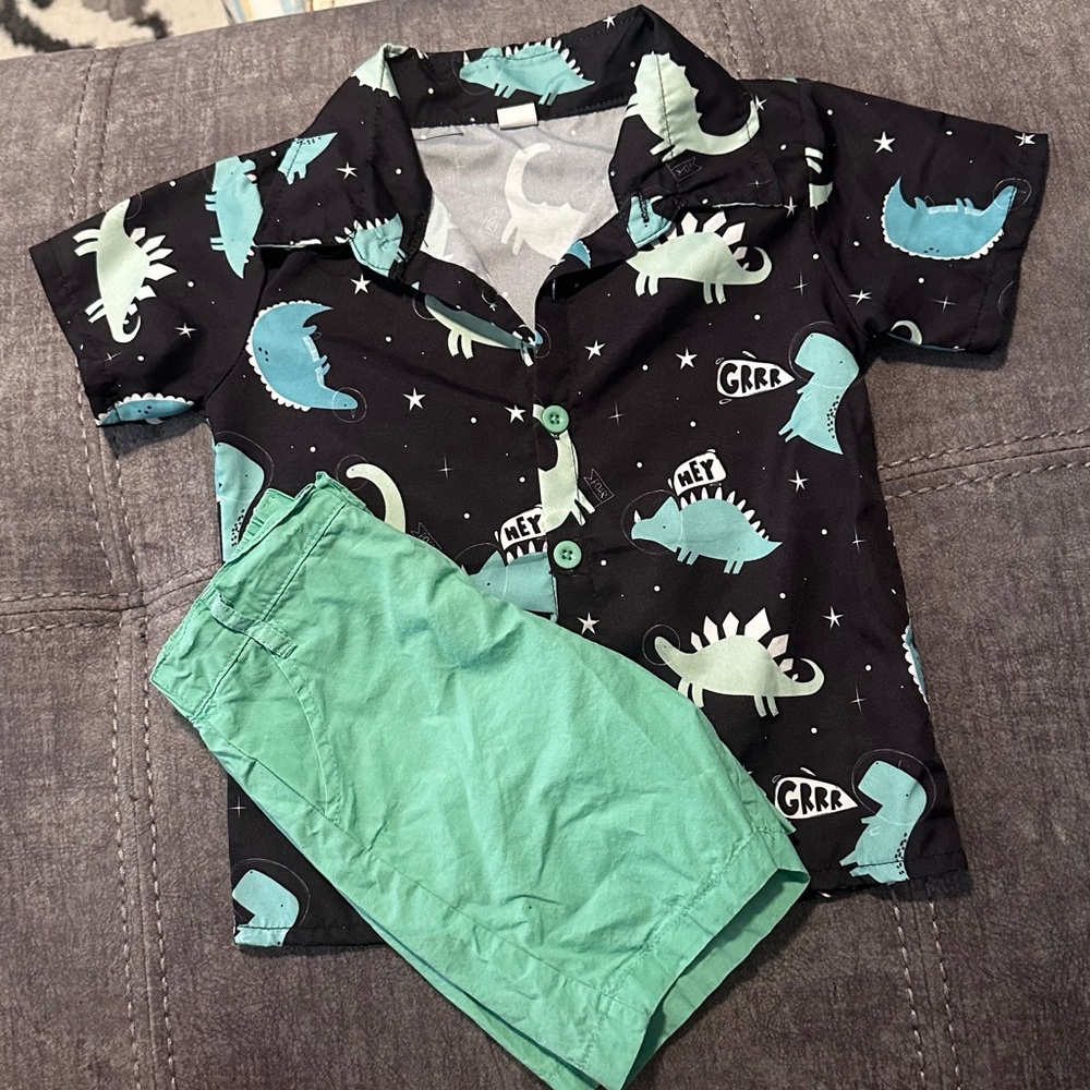 Space Dinosaur Graphic Shirt with Mint Button and Match Mint Shorts